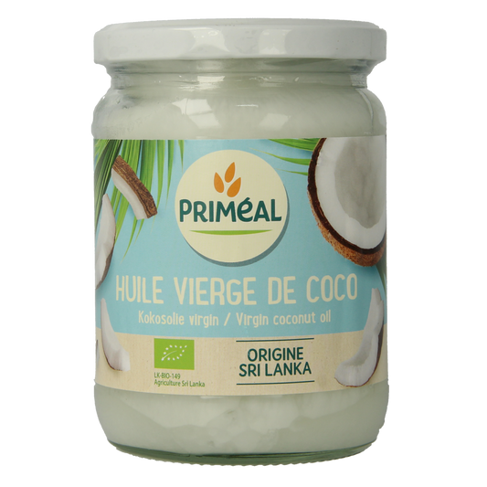 Primeal bio coconut oil 500ml bottle, natural coconut oil for cooking and baking, with a clear view of the product label.