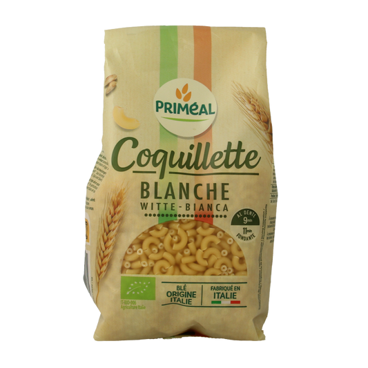 Primeal organic macaroni pasta in 500g package, made from pasta en rijst, displayed in a clear image.