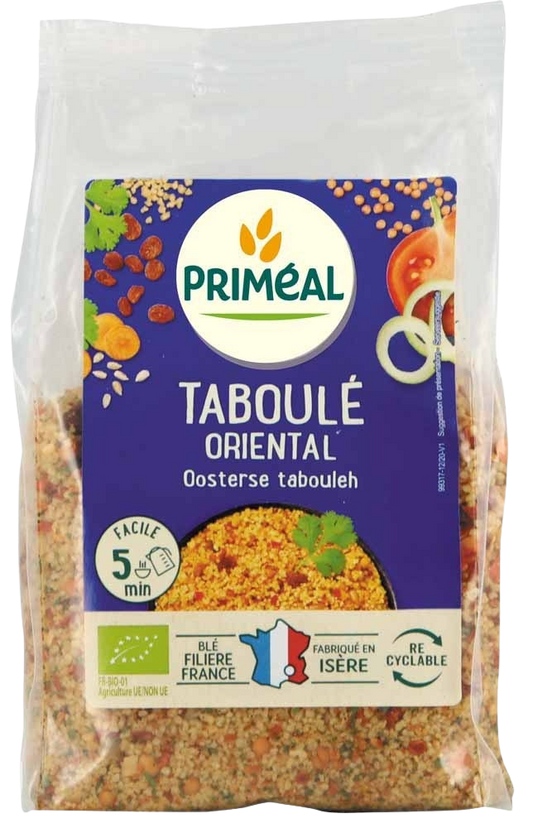 Primeal Bio Orientaalse Tabouleh with fresh herbs and vegetables in a 300g package, showcasing vibrant ingredients for healthy eating.