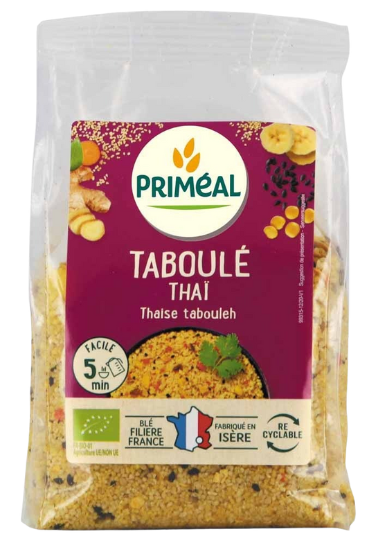 Primeal Thai tabouleh bio with fresh ingredients in 300g package, featuring vibrant vegetables and herbs in a natural setting.