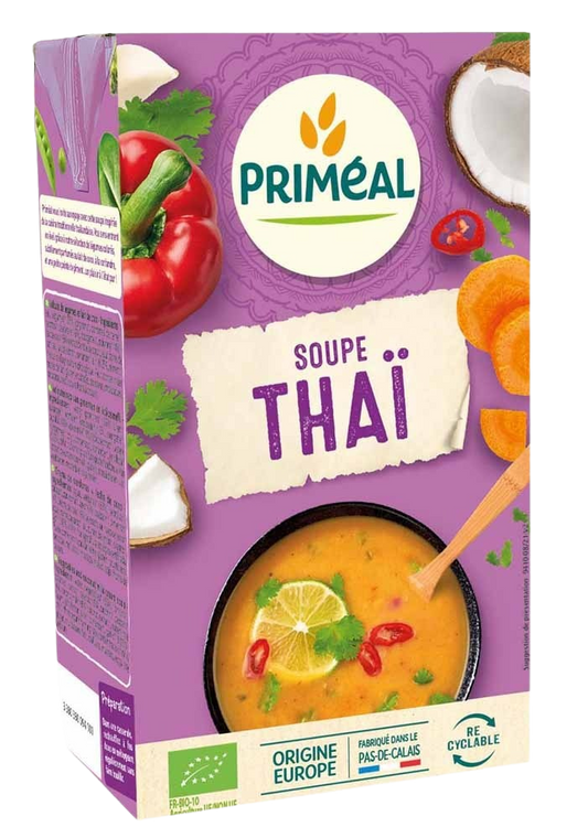 Primeal Thai organic soup in a 1-liter container, showcasing a bowl of Thai soup with herbs and vegetables.