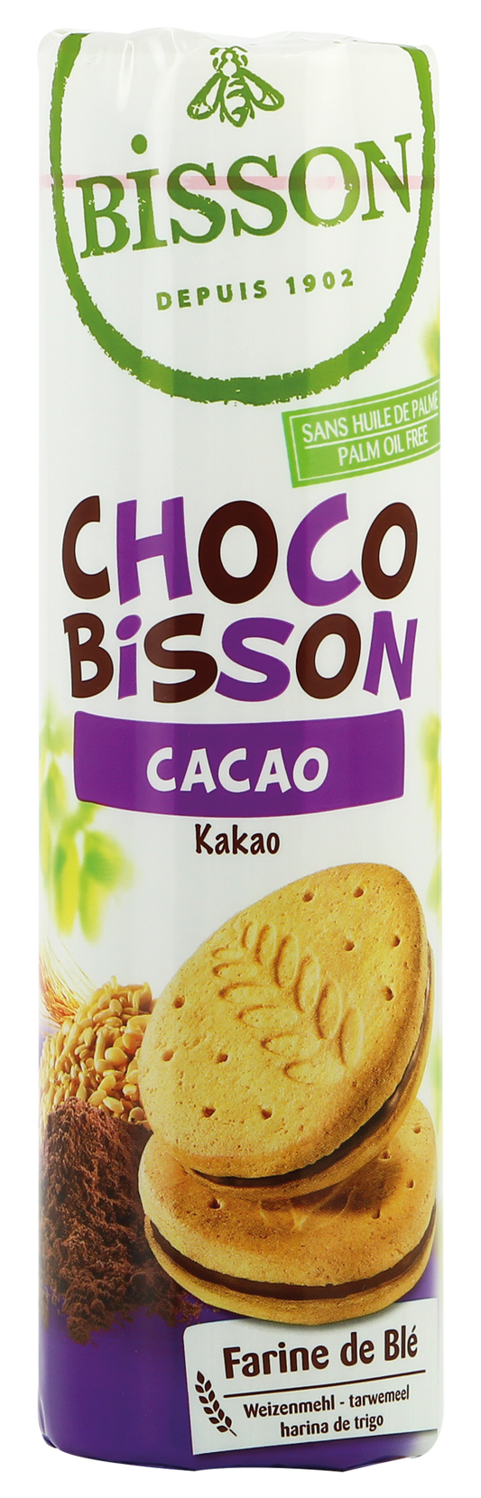Bisson Choco cacao tarwekoekjes bio, 300g, fresh whole wheat cookies with chocolate and cacao visible on the packaging.