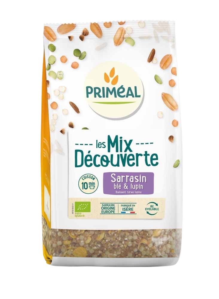 Organic Primeal grain mix with buckwheat, wheat, and lupine pasta and rice in a 400g package.