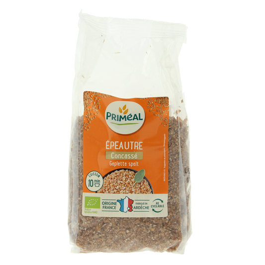 Primeal organic spelt bulgur pasta and rice in a 400g package, showing the product's label and packaging details.