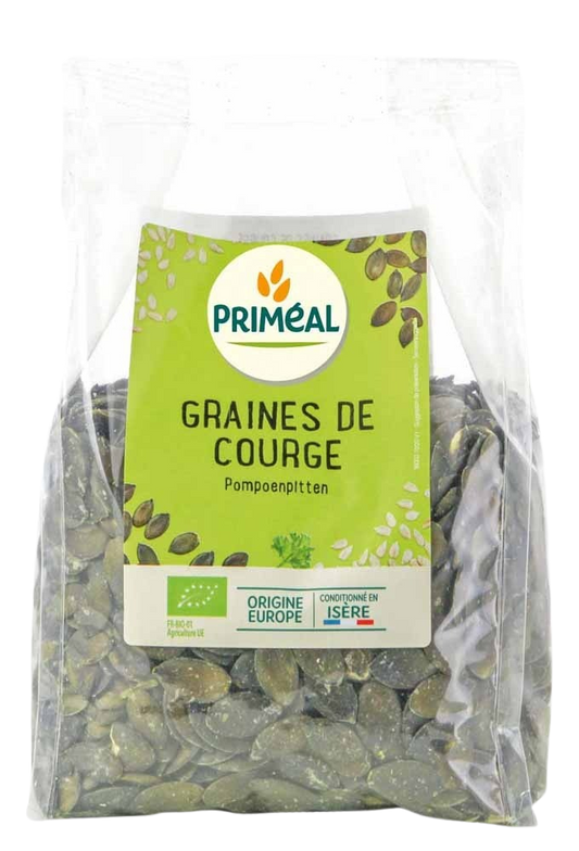 Organic European pumpkin seeds by Primeal, raw superfood in a 500g package, shown in a close-up image.