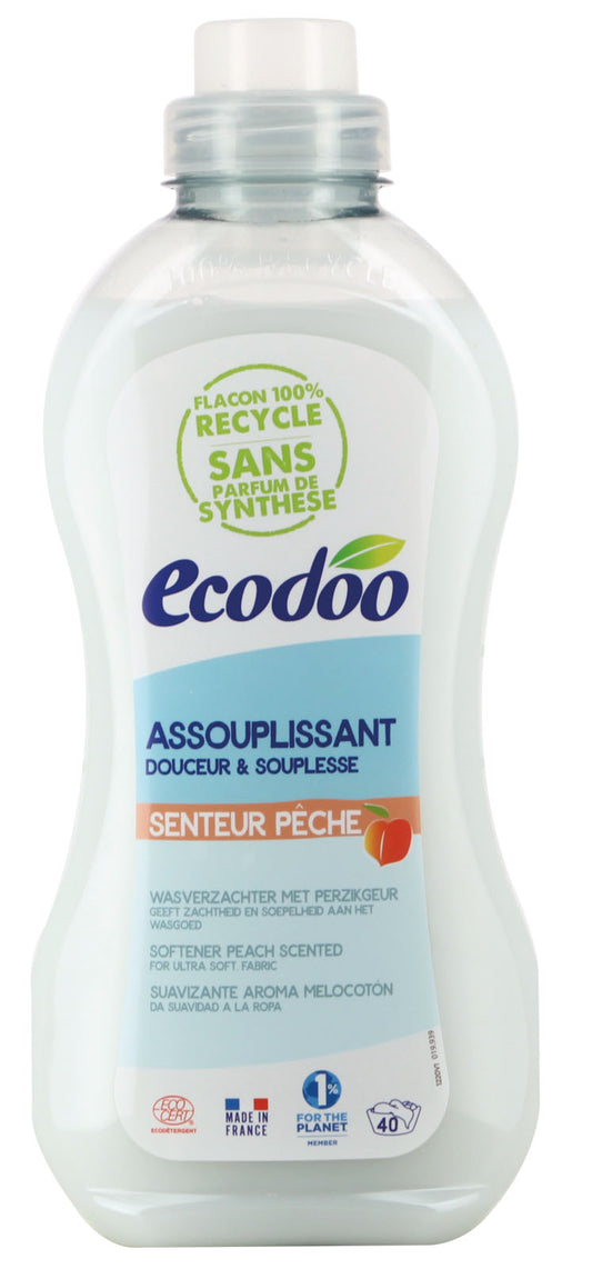 Ecodoo peach fabric softener bottle, 1 liter, eco-friendly laundry detergent with peach scent, in a clear plastic container