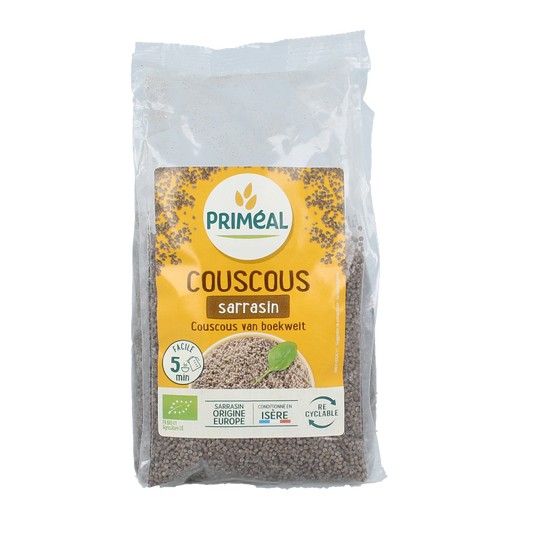 Primeal organic buckwheat couscous in a 400g package, gluten-free pasta and rice product with a natural appearance.