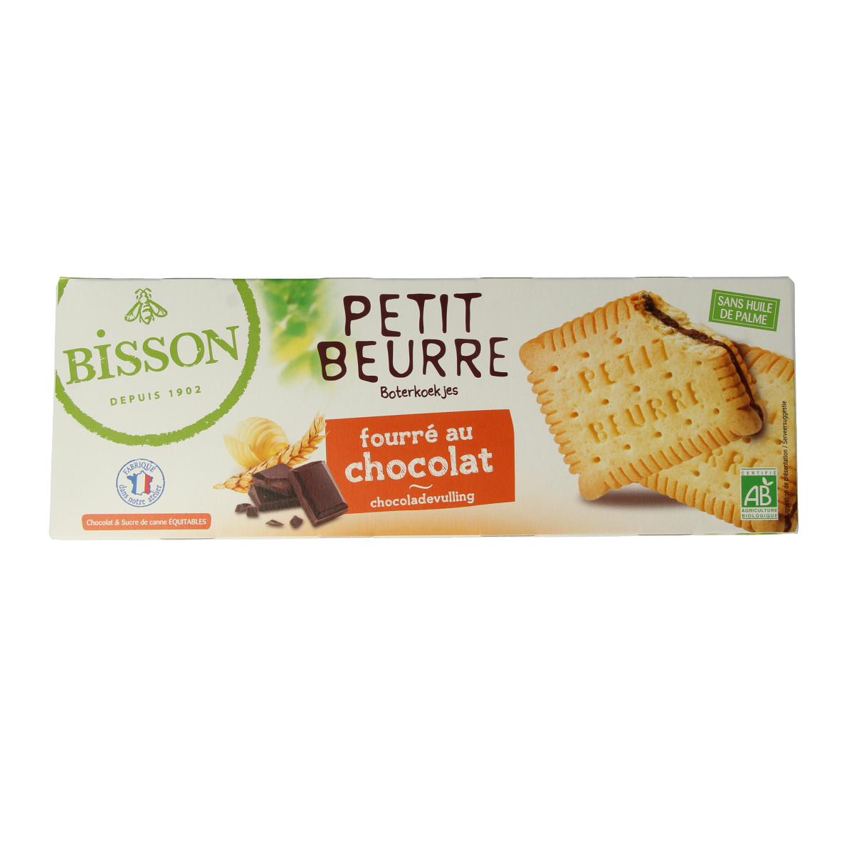 Bisson Petit Beurre chocolate biscuits in a 197g package, featuring golden cookies with chocolate coating and branding.