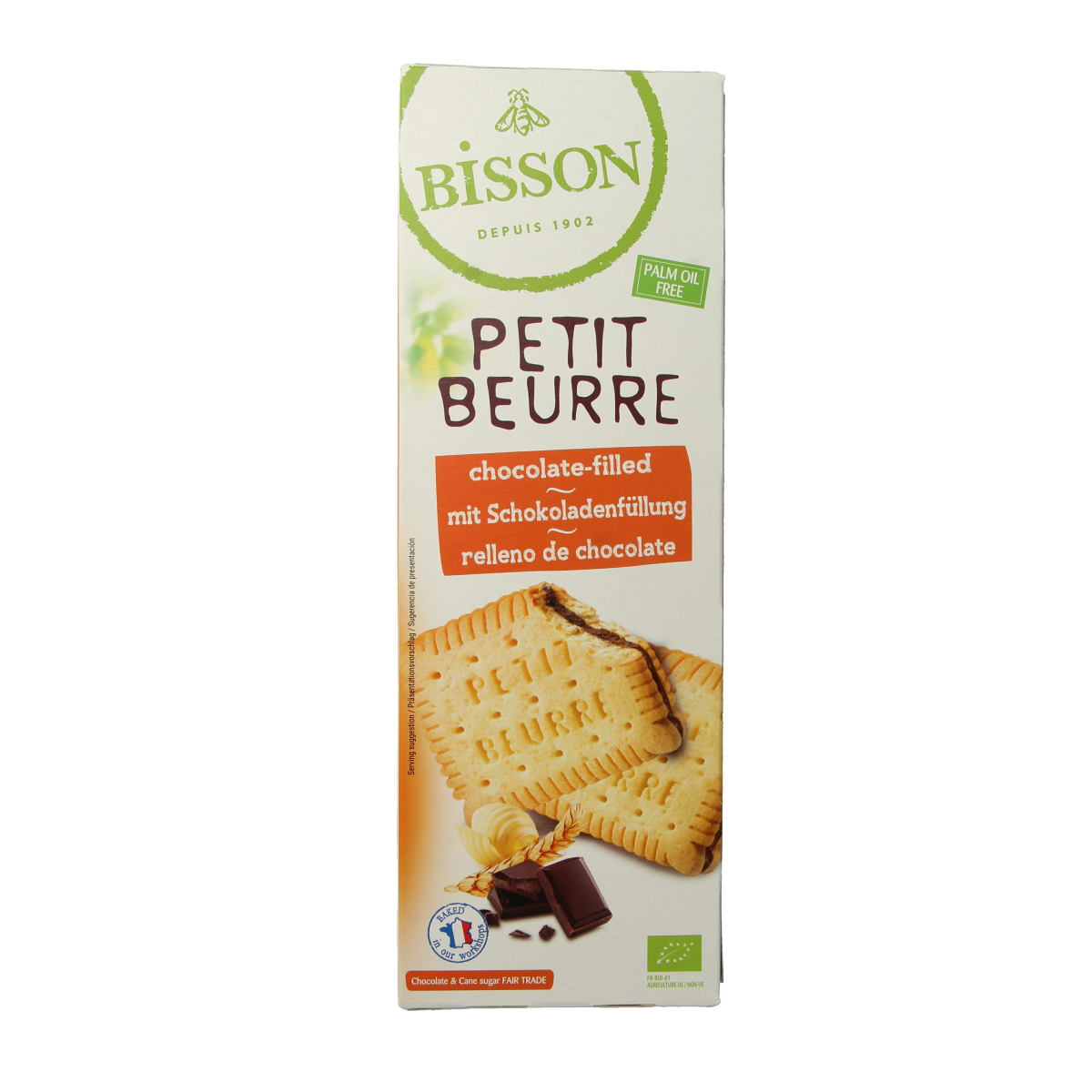 Bisson Petit Beurre chocolate biscuits, organic, 197g, showing the golden biscuits with chocolate coating and packaging.