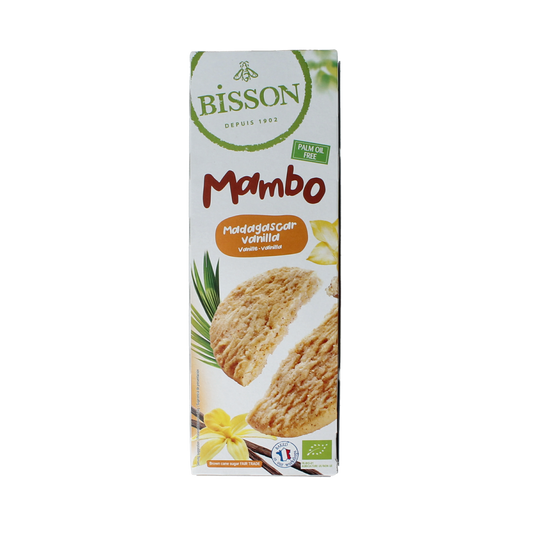 Bisson Mambo bio koekjes Madagaskarvanille in 175g package, showing golden baked vanilla-flavored cookies