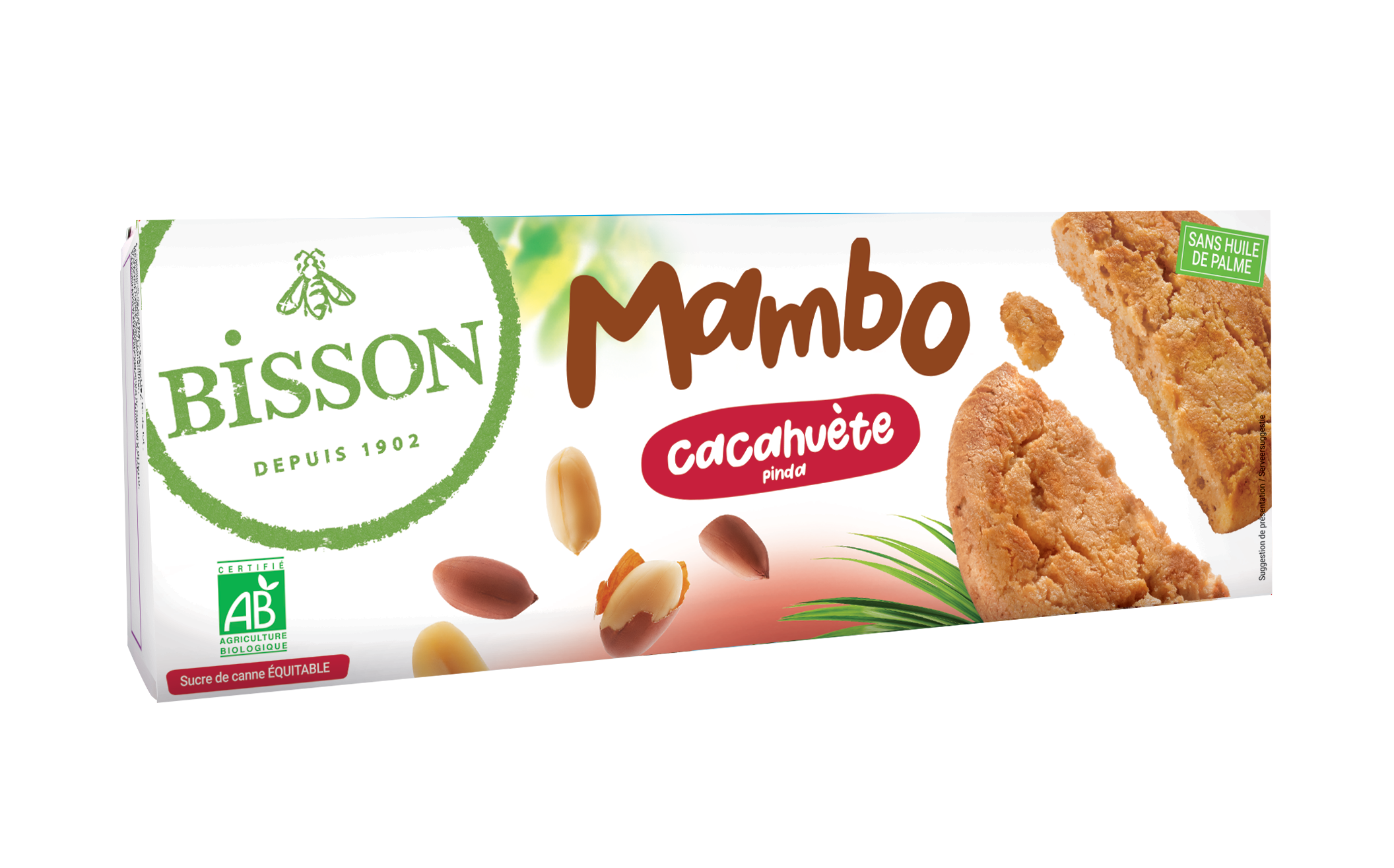 Bisson Mambo koekjes pinda bio, 125g, close-up of crunchy peanut cookies in a package.