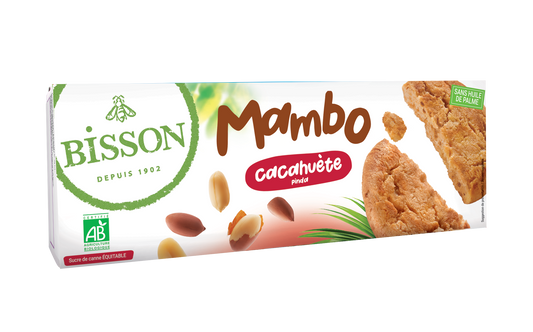 Bisson Mambo koekjes pinda bio, 125g, close-up of crunchy peanut cookies in a package.