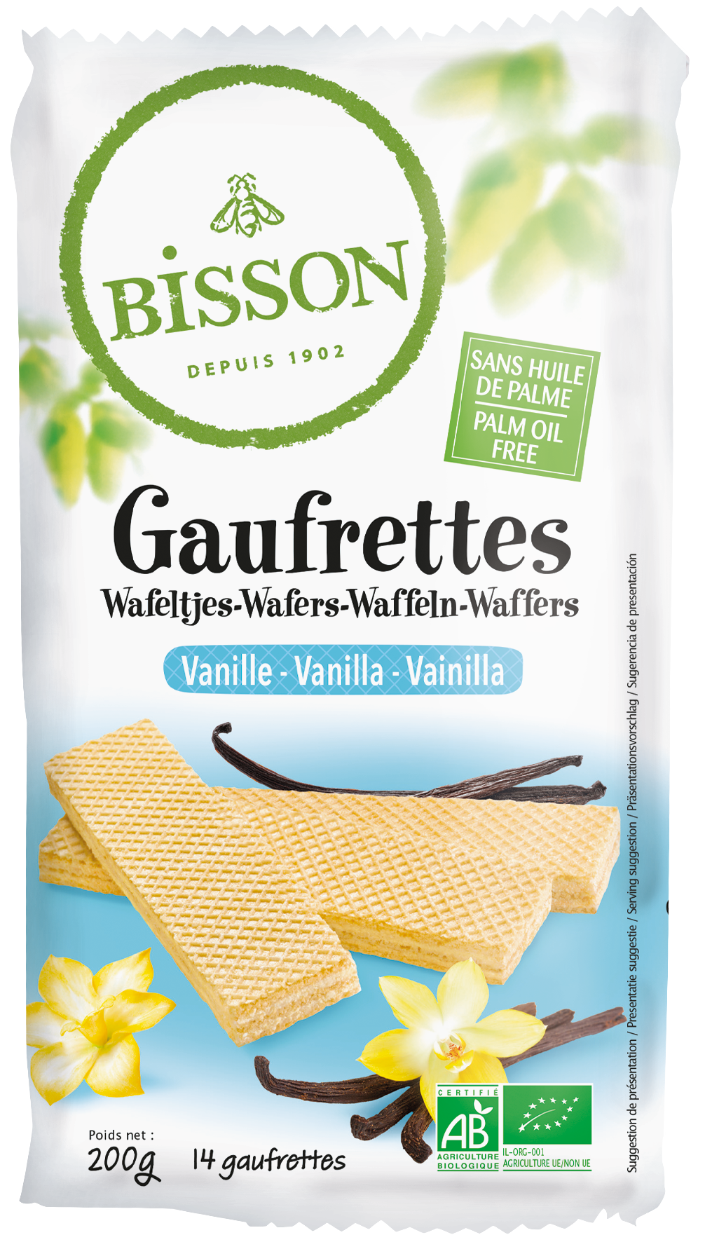 Bisson Vanille bio wafels, 200g, close-up of golden vanilla-flavored Belgian style koeken with packaging.