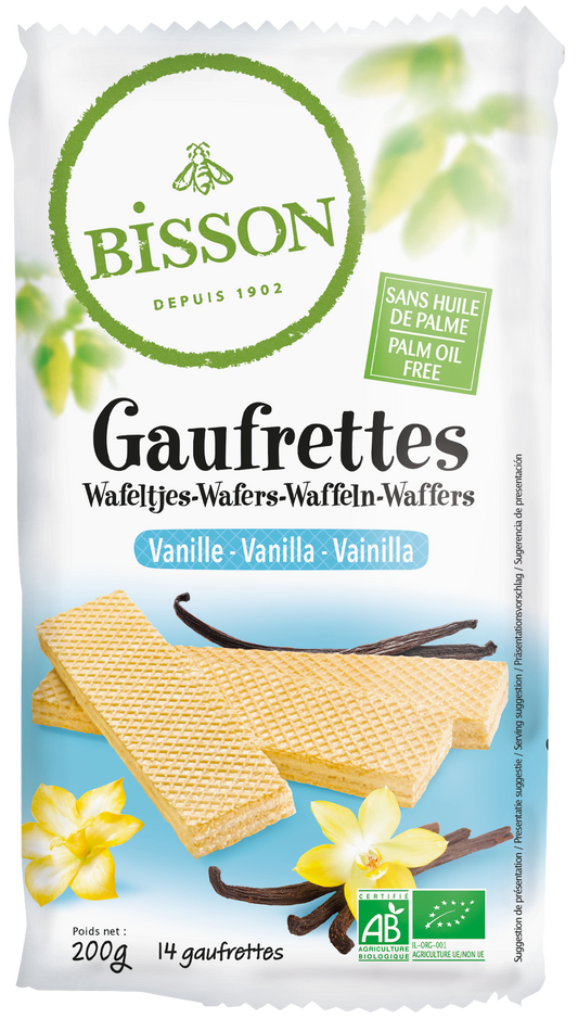 Bisson Vanille bio wafels, 200g, close-up of golden vanilla-flavored Belgian style koeken with packaging.
