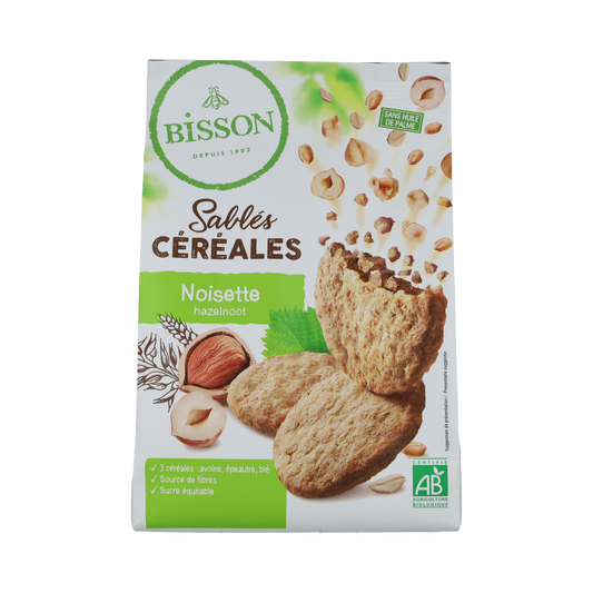 Bisson Zandkoekjes hazelnoot en granen, biologische koeken met hazelnoot en granen, 200 gram in de verpakking