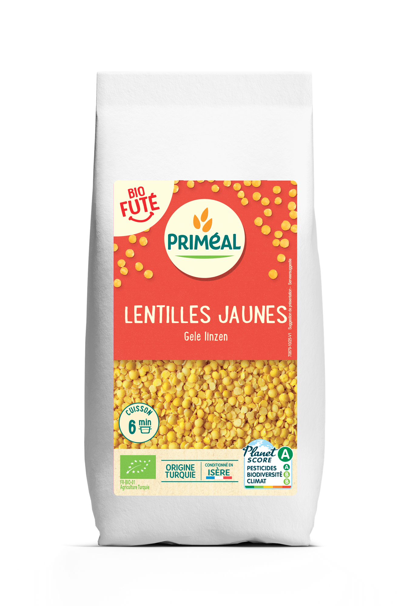Primeal bio gele linzen in 500g package, fresh organic lentils for cooking and healthy meals.
