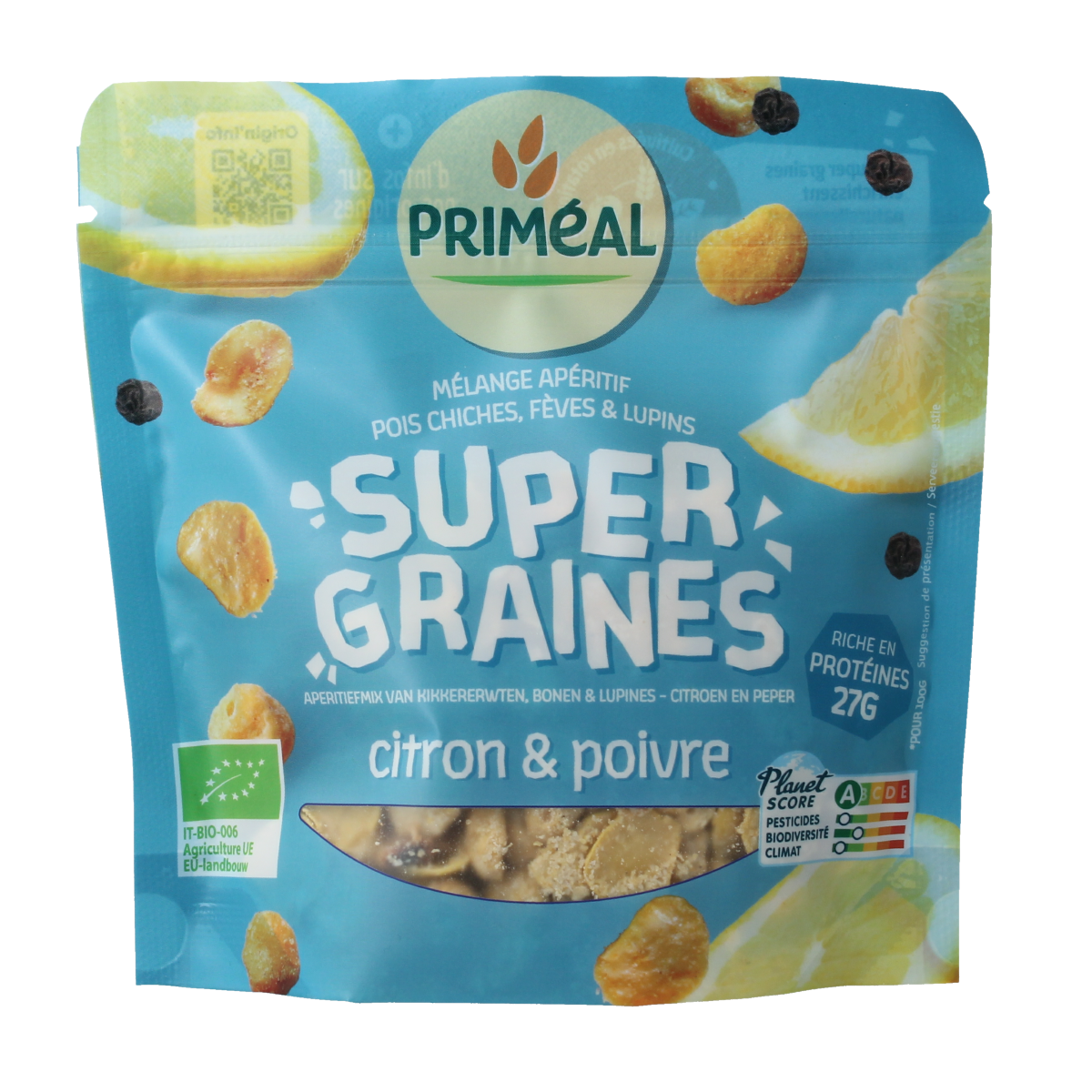 Primeal chickpeas, beans, and lupines mix with lemon and pepper, organic seasoning in a 100g package.