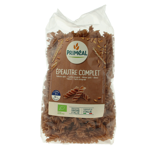Primeal organic whole spelt fusilli pasta, 500g, showing spiral-shaped whole grain pasta on a white background.