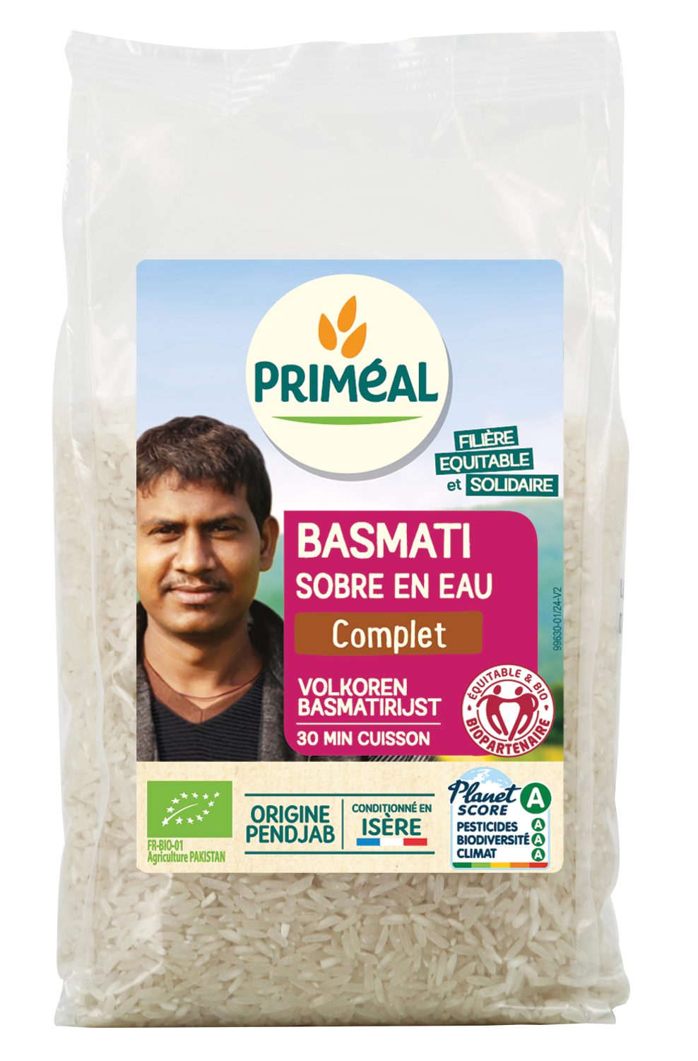Primeal organic whole grain Basmati rice 500g in a clear package, showing the rice grains inside.