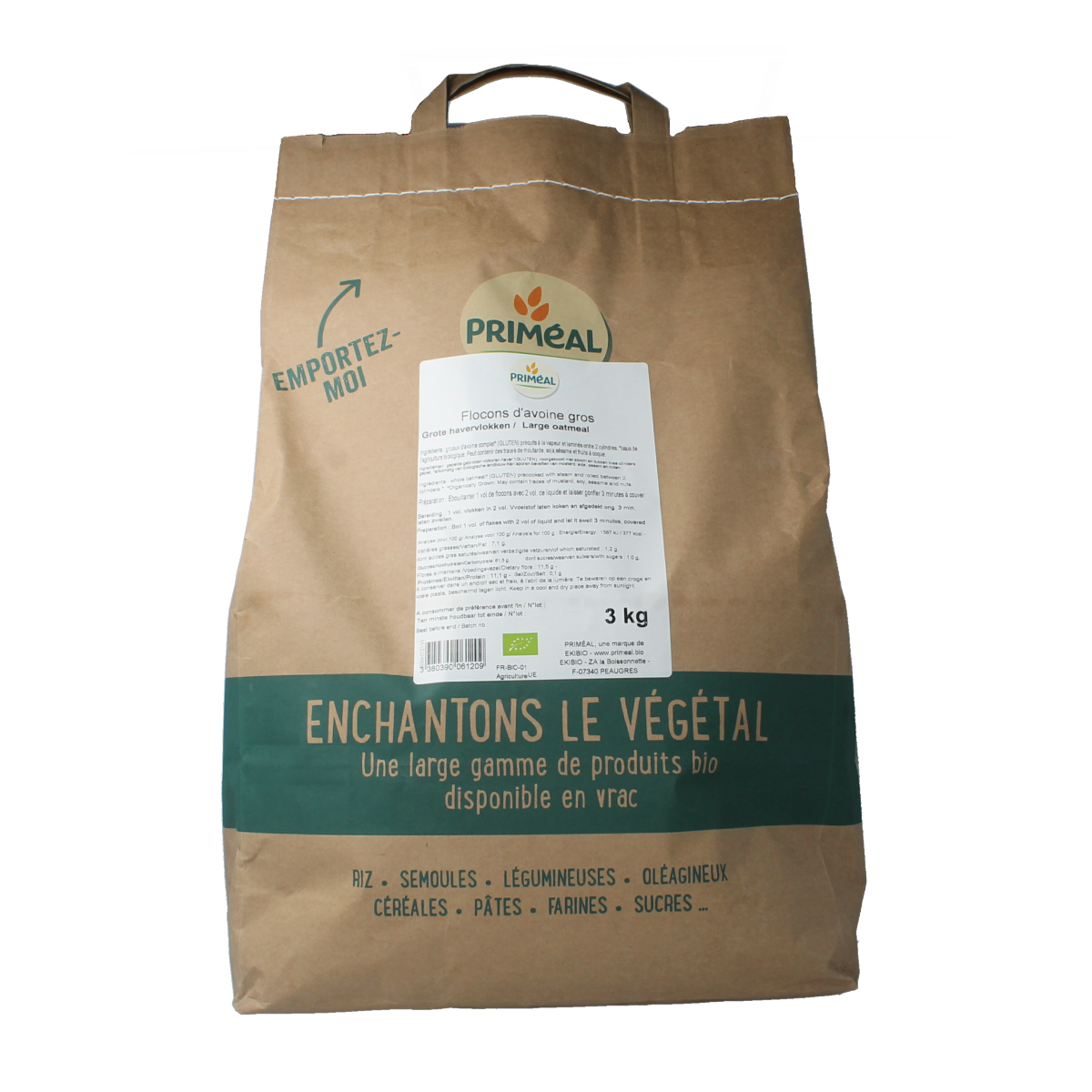 Primeal organic large oat flakes for breakfast in a 3kg package, natural whole grain cereal for healthy mornings