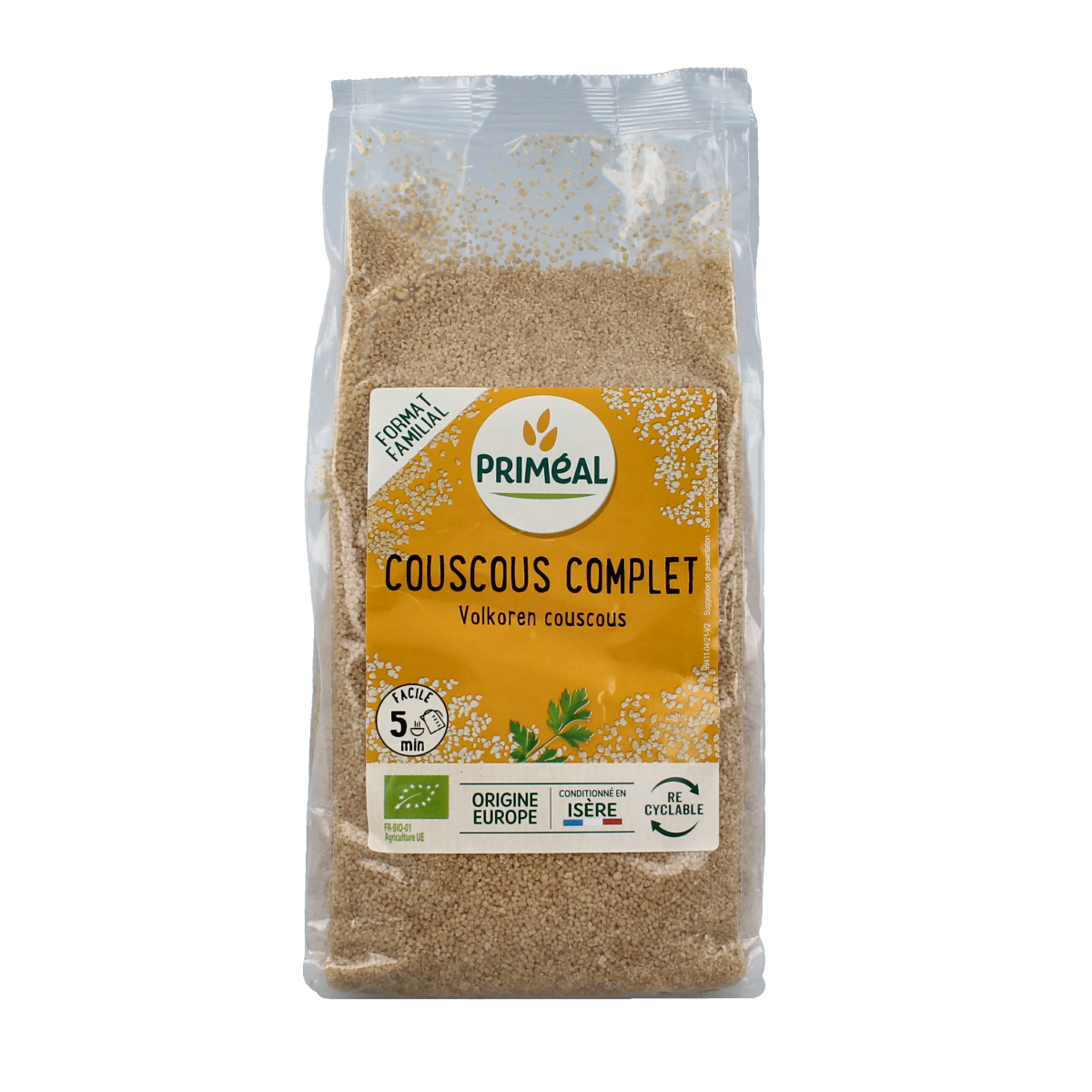 Primeal volkoren couscous in a 1kg package, whole grain pasta and rice product, natural and organic food item.