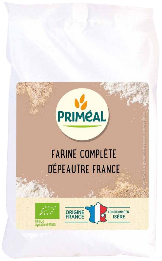 Organic Primeal whole spelt flour in a 500g package, ideal for baking and cooking.