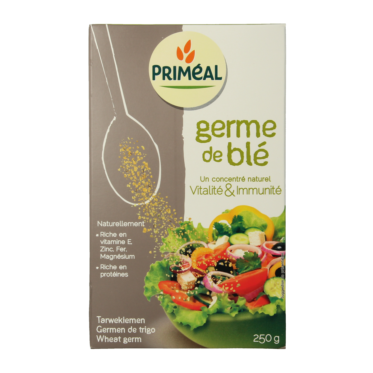 Primeal Op=Op wheat germ raw superfood in a 250g package, showing the fresh wheat germ product in a clear container.