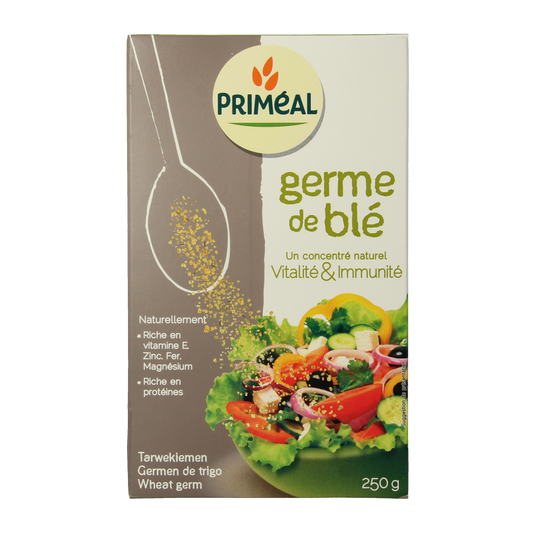 Primeal Op=Op wheat germ raw superfood in a 250g package, showing the fresh wheat germ product in a clear container.