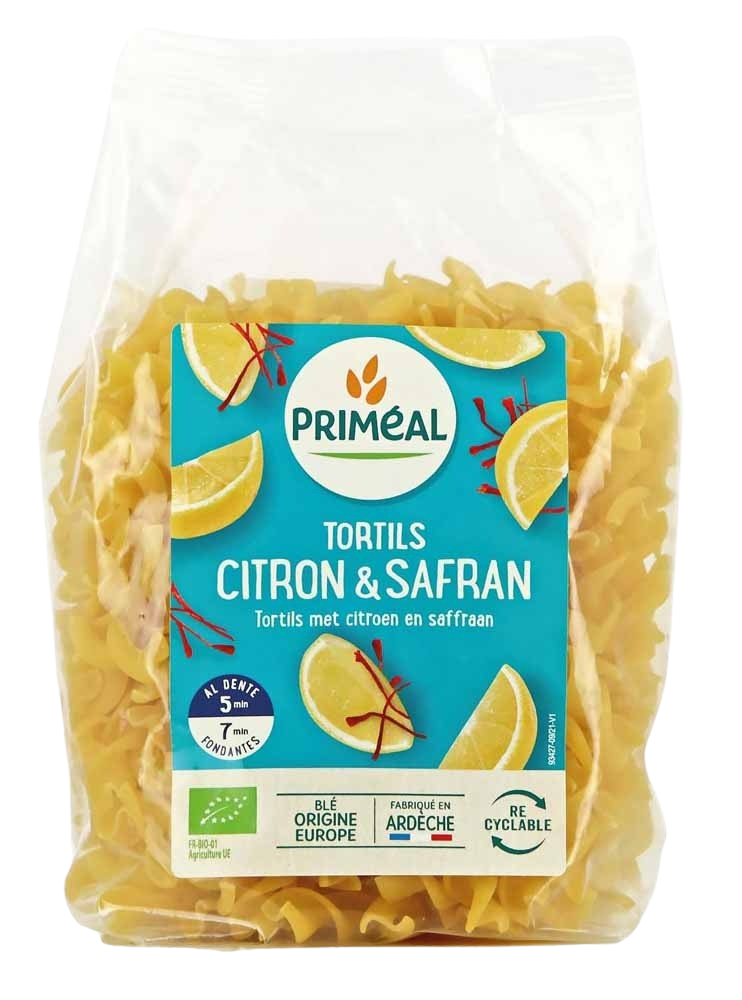 Primeal Fusilli Tortils Citroen Safraan bio, 250g, a pack of organic lemon and saffron-flavored pasta for pizza and wraps.