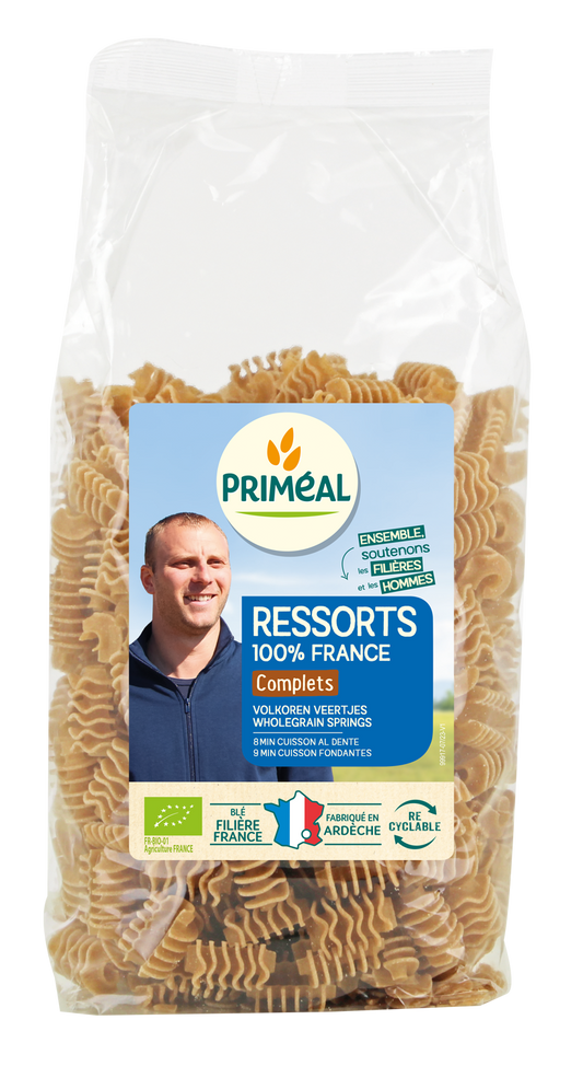 Primeal organic whole wheat marziani veertjes pasta in a 500g package, showcasing the light, airy pasta shape on a clean background.