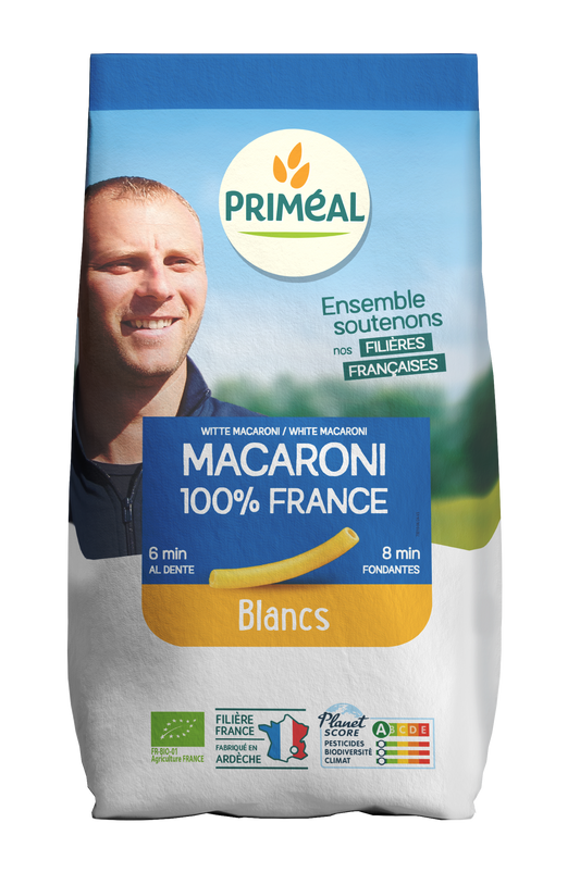 Primeal Witte Macaroni bio, 500g, organic pasta in a clear package, showcasing the white macaroni close-up.