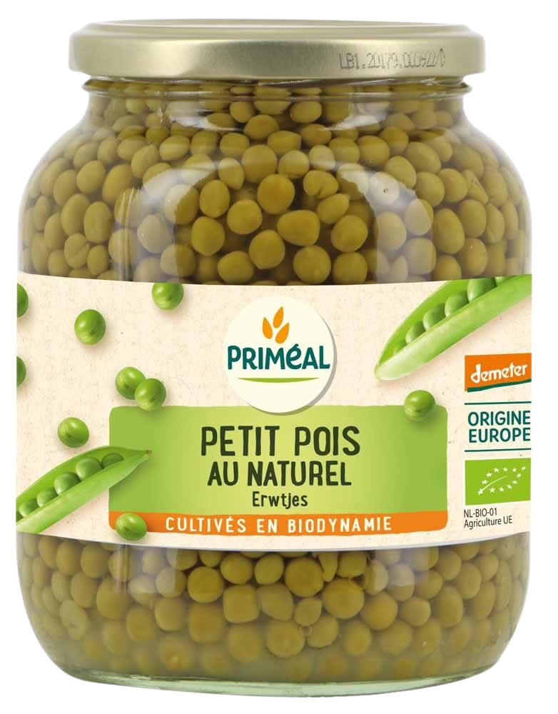 Primeal organic doperwten (green peas) in 680g package, fresh and vibrant, from Primeal's vegetable selection.