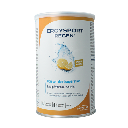 Nutergia Ergysport Regen Citroen amino acids supplement in a 450g container, featuring lemon flavor and nutritional packaging.