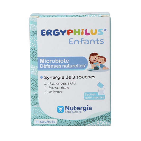 Nutergia Ergyphilus kinderen probiotic sachets with micro-organisms for children's digestive health, shown in packaging.