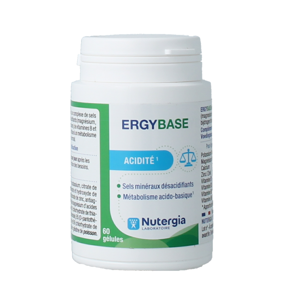 Nutergia Ergybase mineral multivitamin capsules, showing a bottle of Nutergia supplement with capsules inside.