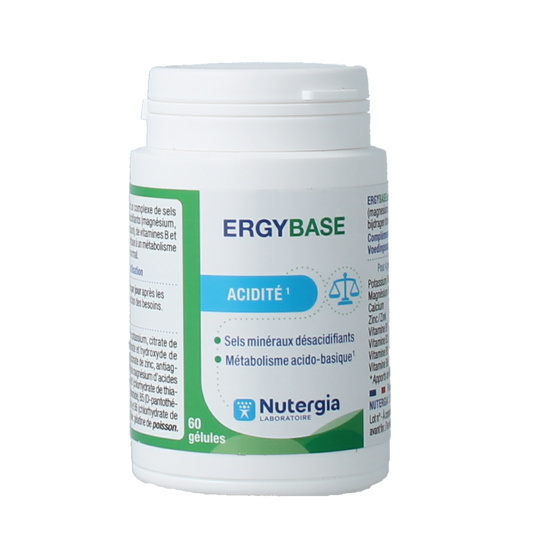 Nutergia Ergybase mineral multivitamin capsules, showing a bottle of Nutergia supplement with capsules inside.