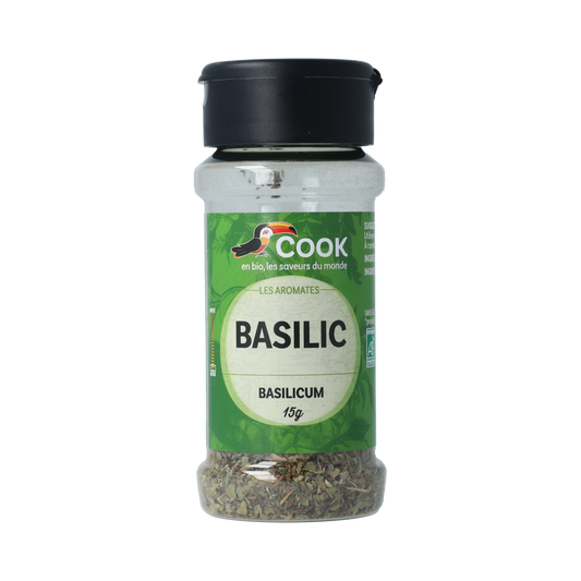 Cook Basilicum bio, 15g, organic dried basil herb in a small jar, part of Cook's kruiden, zouten en maaltijdmixen collection.
