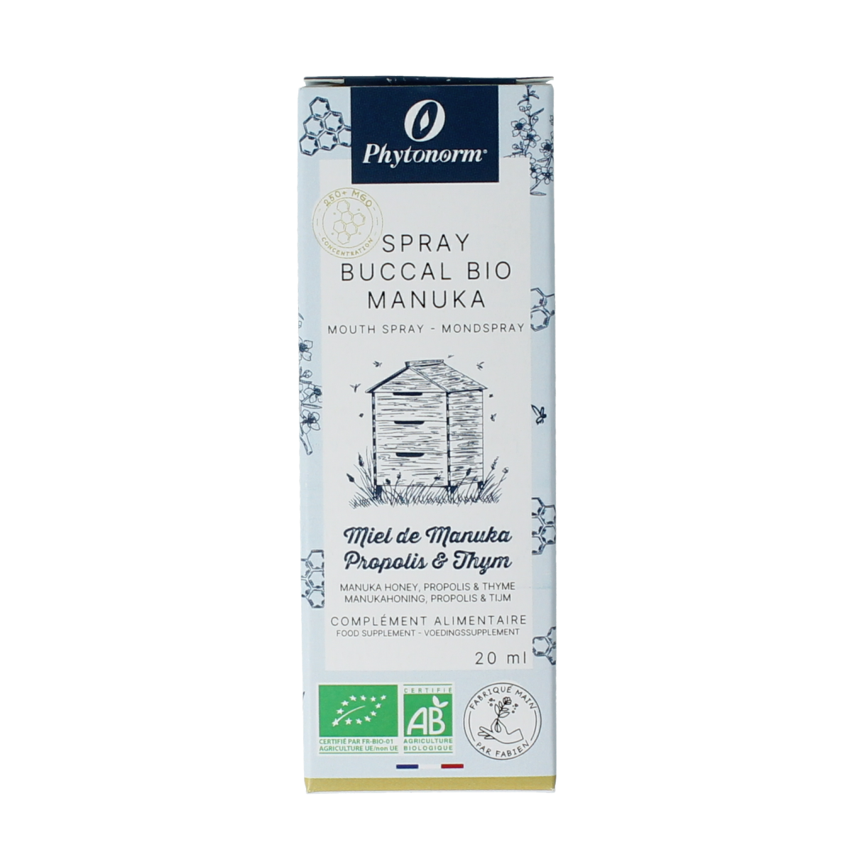 Aprolis Mondspray Manuka bio herbal spray in 20ml bottle, featuring natural ingredients and herbal packaging.