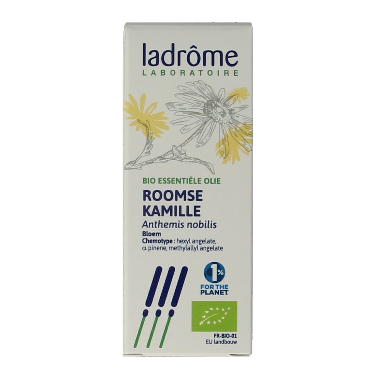 Ladrome Bio Kamille Roomse herbal preparation in 5ml bottle, featuring chamomile flowers and natural plant extract.
