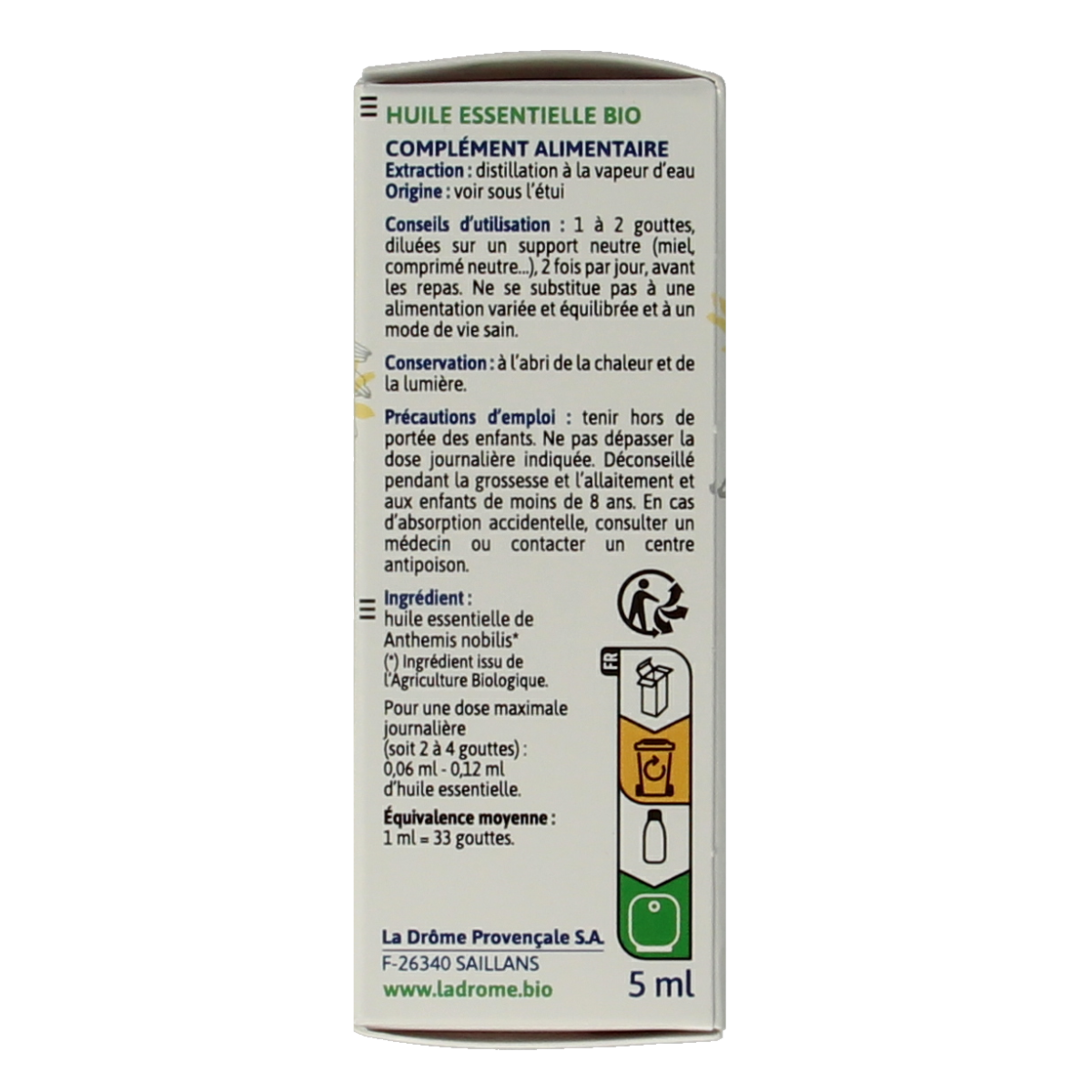 Ladrome Roomse kamille bio herbal preparation in 5ml bottle, featuring chamomile flowers and natural ingredients.