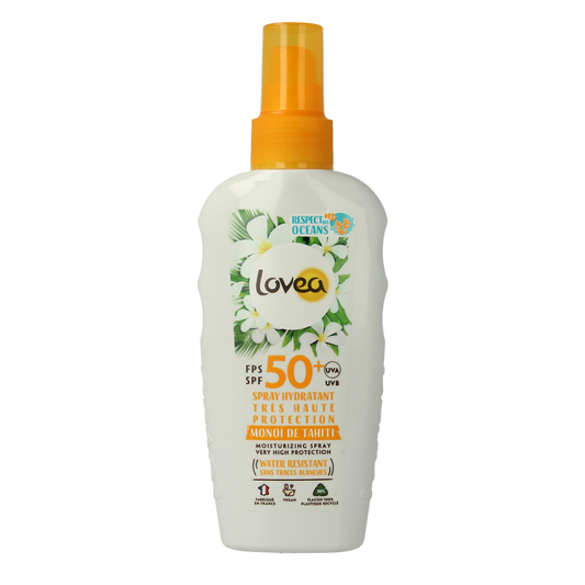 Lovea Moisturizing SPF50+ sun spray bottle, 150ml, with a spray nozzle, designed for effective sun protection and hydration.