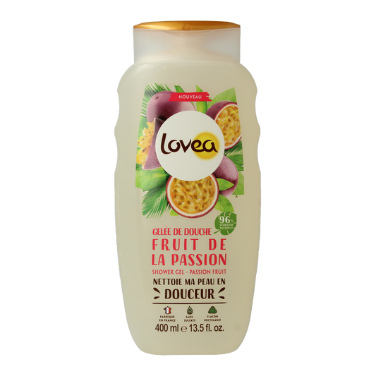 Lovea Passion Fruit Shower Gel in 400ml bottle, featuring a vibrant passion fruit scent and refreshing shower experience.