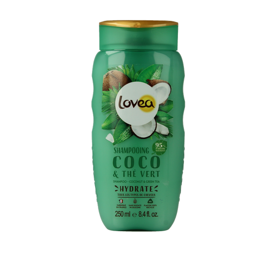Lovea coco and green tea shampoo bottle for hair care, 250ml, with natural ingredients and eco-friendly packaging.