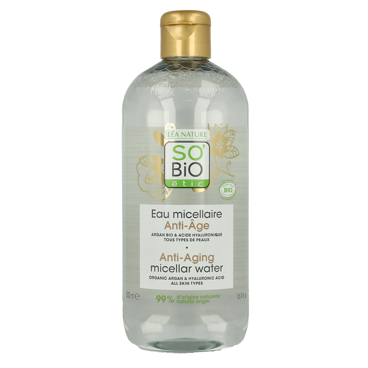 So Bio Etic Argan anti-aging micellar water in a 500ml bottle, facial skincare product with clear label and pump dispenser.