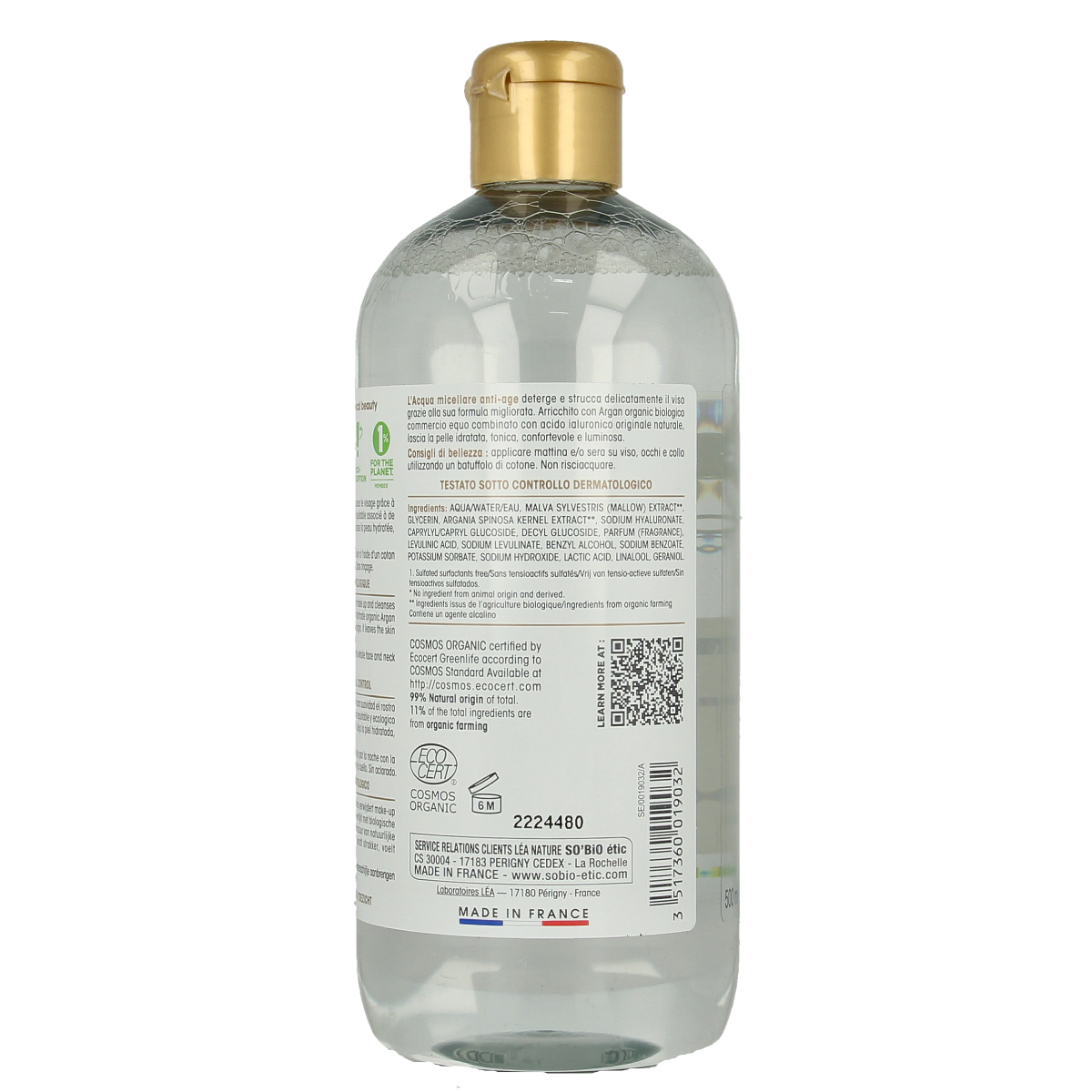 So Bio Etic Argan anti-aging micellar water for face, 500ml, gentle cleansing and anti-aging skincare in a clear bottle