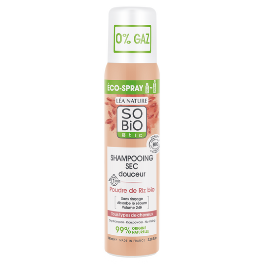 So Bio Etic Softening dry shampoo with rice powder in 100ml, natural hair care product for refreshing and softening hair.