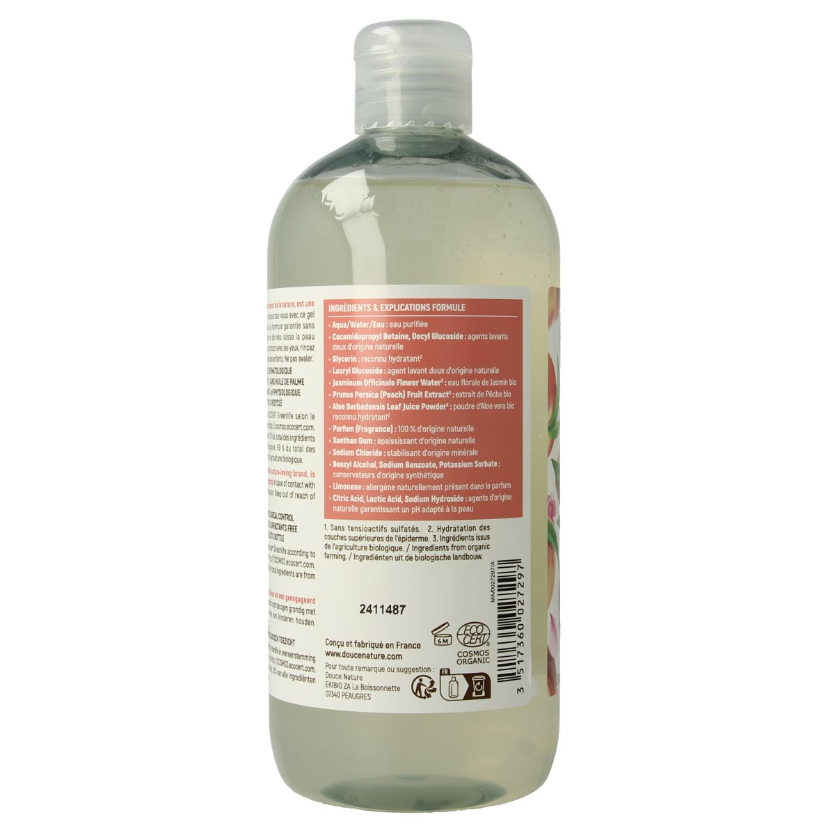 Douce Nature Douchegel perzik in 500ml bottle, gentle peach-scented shower gel for refreshing skin cleansing.