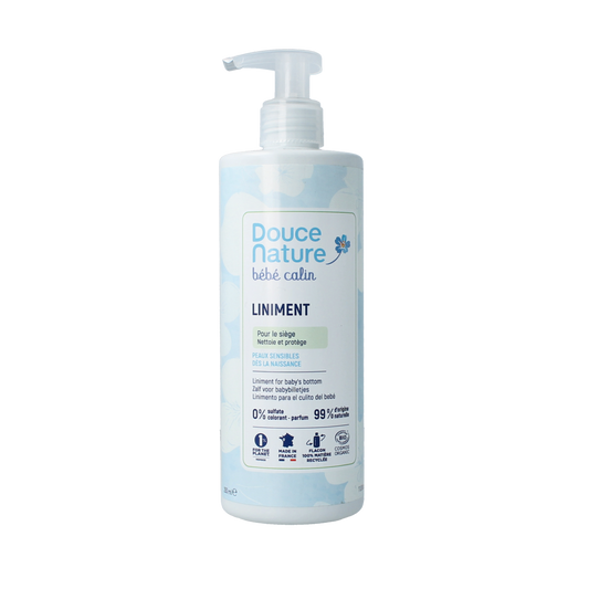 Douce Nature Baby liniment luierwisselcrème in 350ml bottle, gentle baby diaper rash cream for sensitive skin.