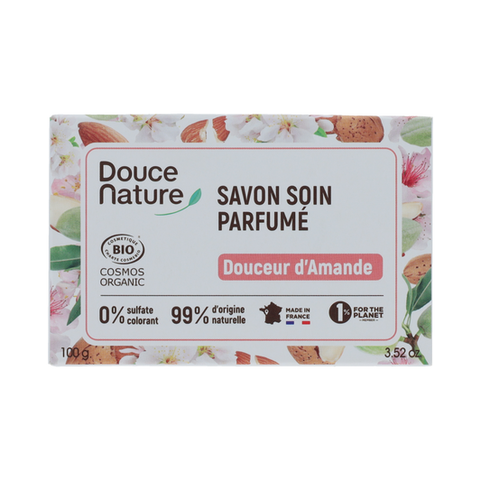 Douce Nature almond soap bar, 100g, featuring natural almond ingredients and a soft, creamy lather in a rectangular shape.