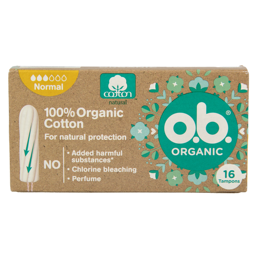 Organic OB Tampons normal, 16-pack, feminine hygiene product designed for comfort and absorption during menstruation.
